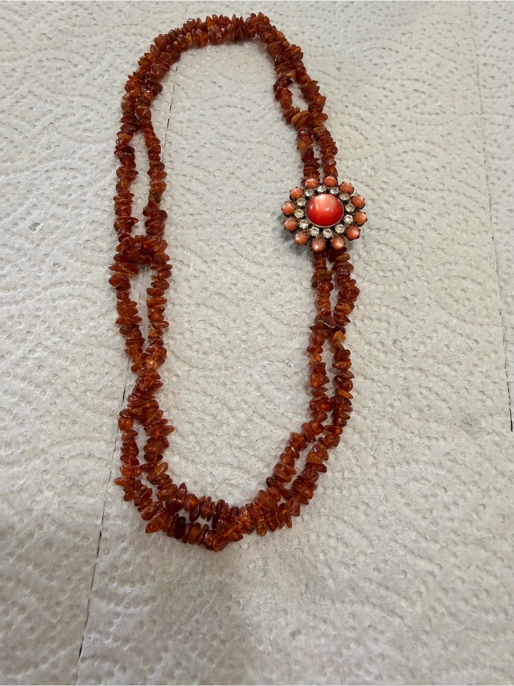 Amber Chip Necklace with Vtg Moonglow pin Women's Jewelry beads 32”